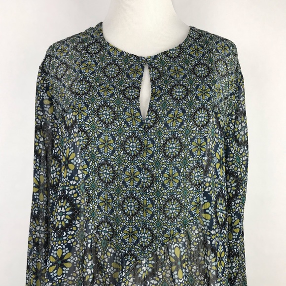 Violet + Claire Blue Green Sheer Round Neck Floral Geometric Pattern Long Sleeve - Picture 2 of 7